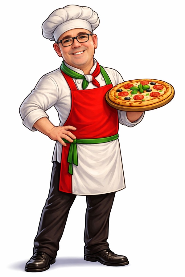 Ilustração do vô Luiz, fundador da Danluthi, segurando uma pizza
